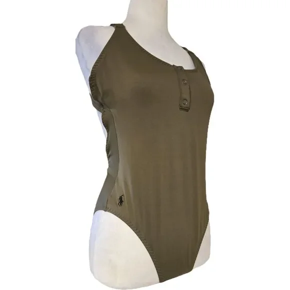 Ralph Lauren Polo One Piece Swimsuit Snap Front Cross Back Olive Green M Prep - Picture 3 of 8